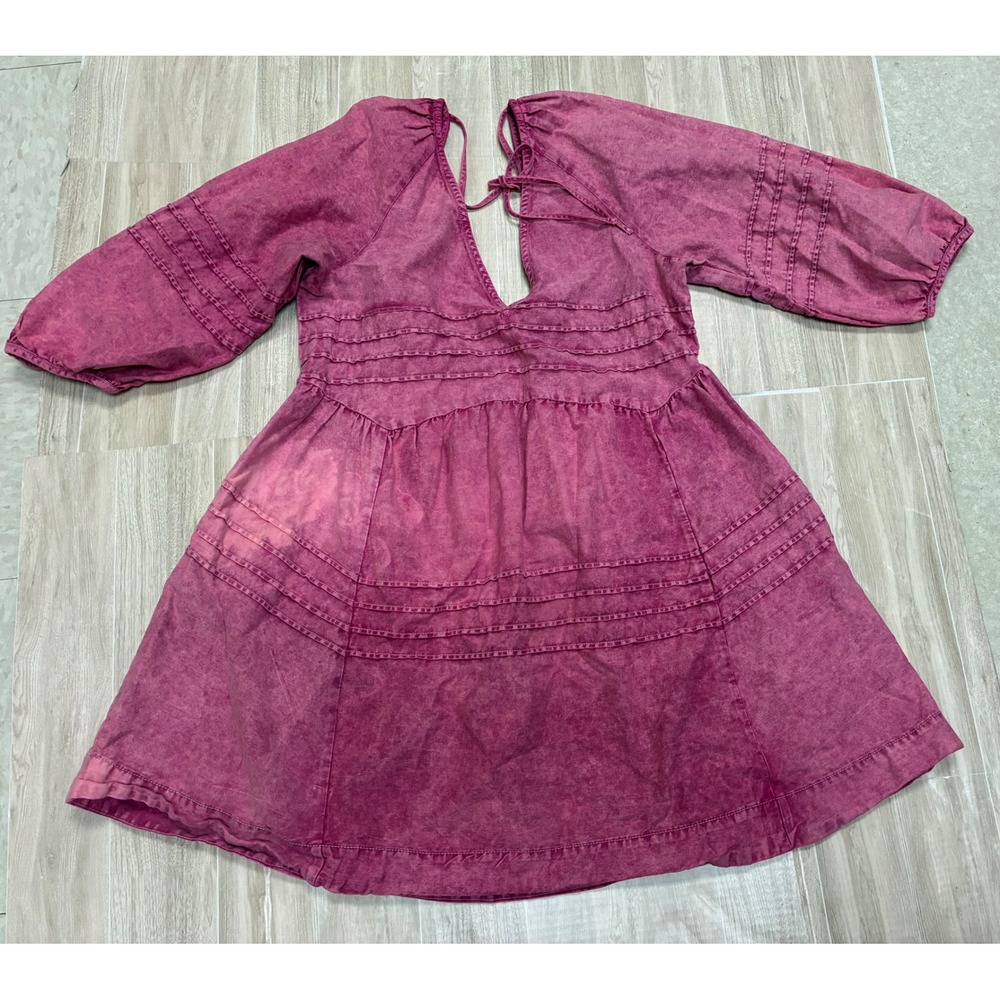 Free People Pink Acid Wash Open Back Mini Dress Balloon Sleeve Boho Large